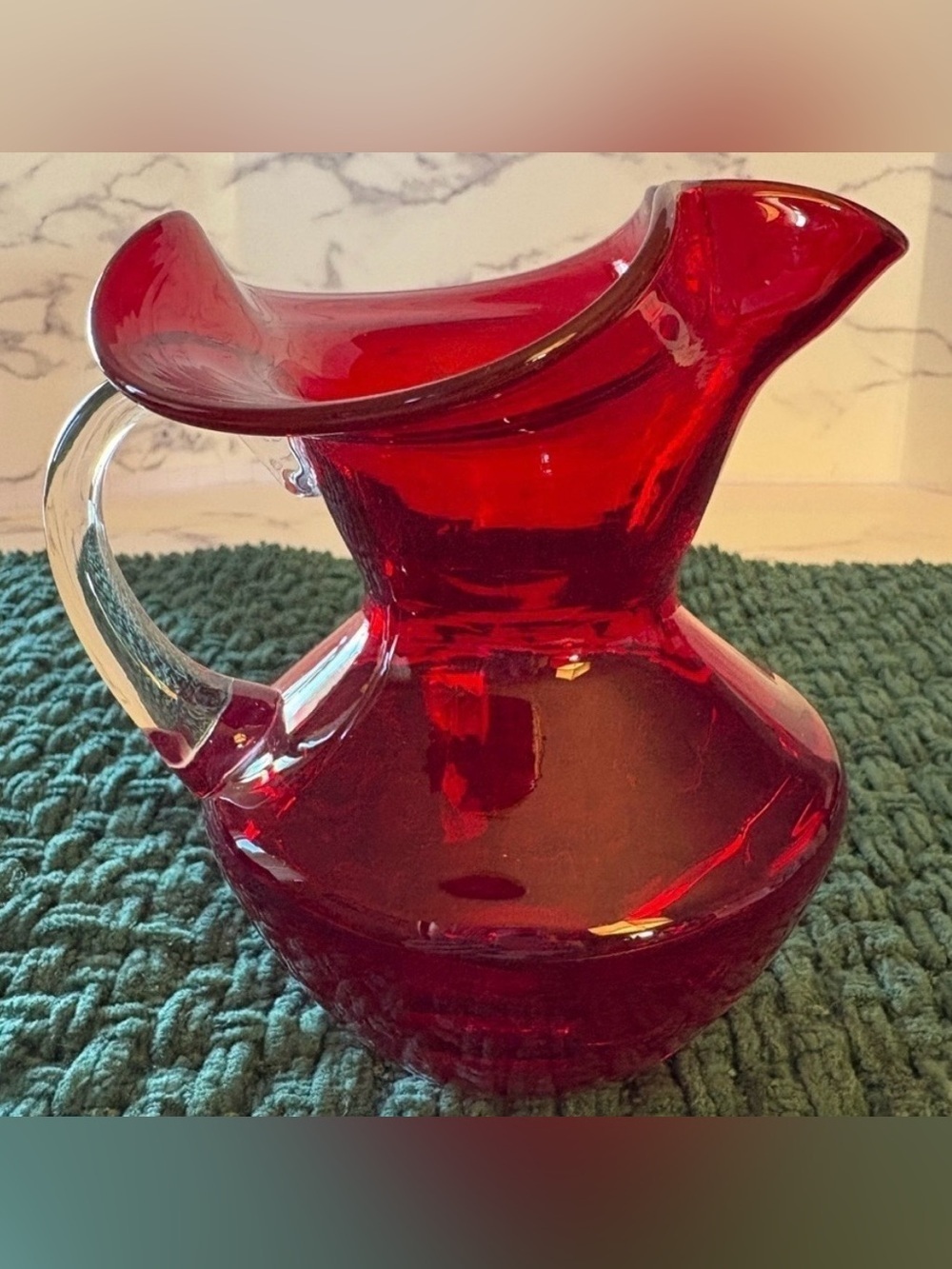 Vintage Ruby Red Mid Century Glass Pitcher-Ruffle Rim with Clear Handle